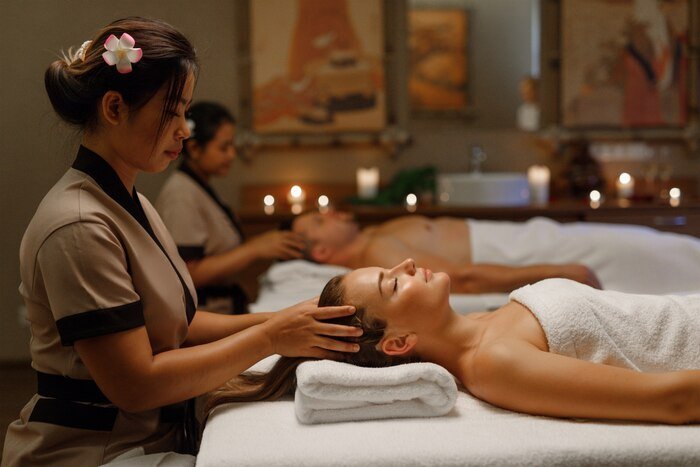 Couple receiving a Balinese massage at The Royal Spa Thane